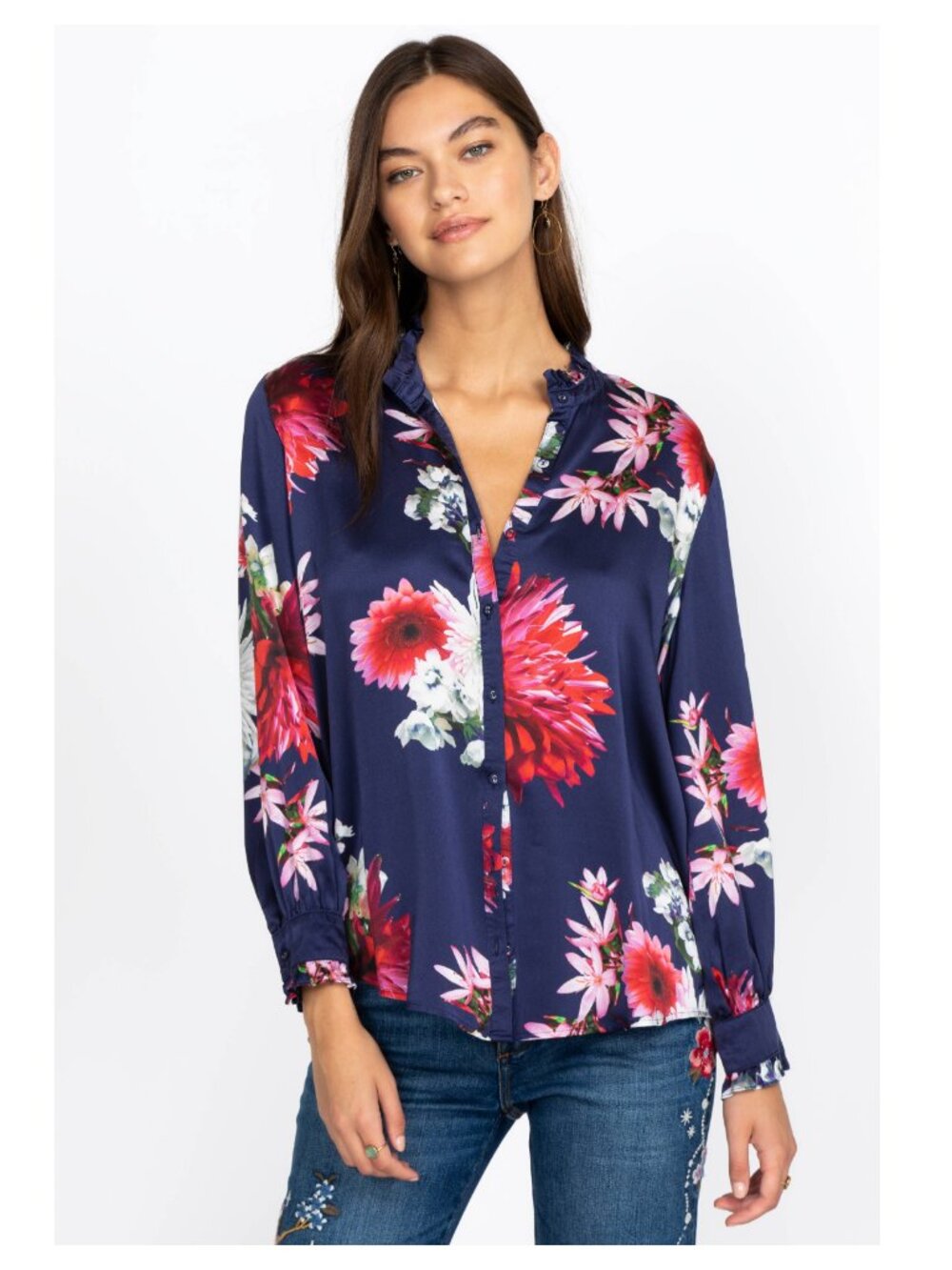 Johnny Was Aster Silk Ruffle Collar Blouse L $295